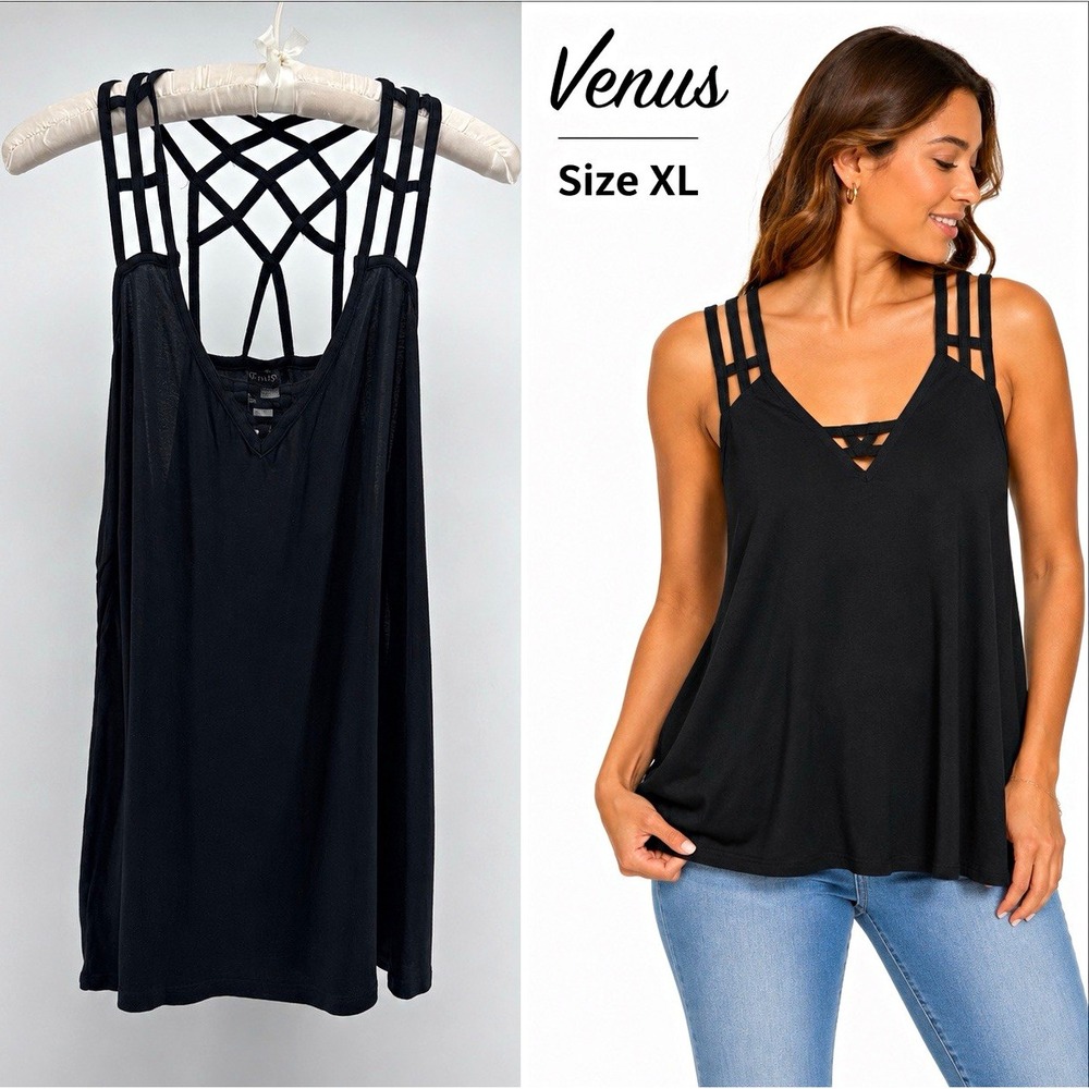 Venus Women's XL Black Strappy V Neck Tank Top Caged Lattice Stretch Y2K Rave